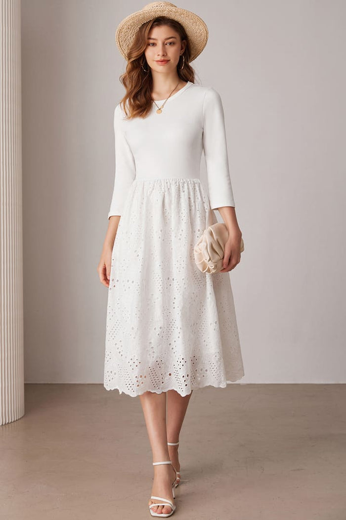 grace karin Casual Eyelet Empire Waist 3/4 Sleeve Midi Dress