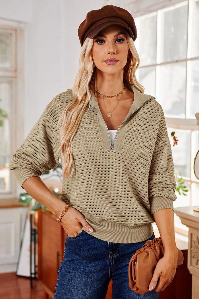 grace karin Casual Half Zip Collar Knit Pullover Loose Long Sleeve Tops