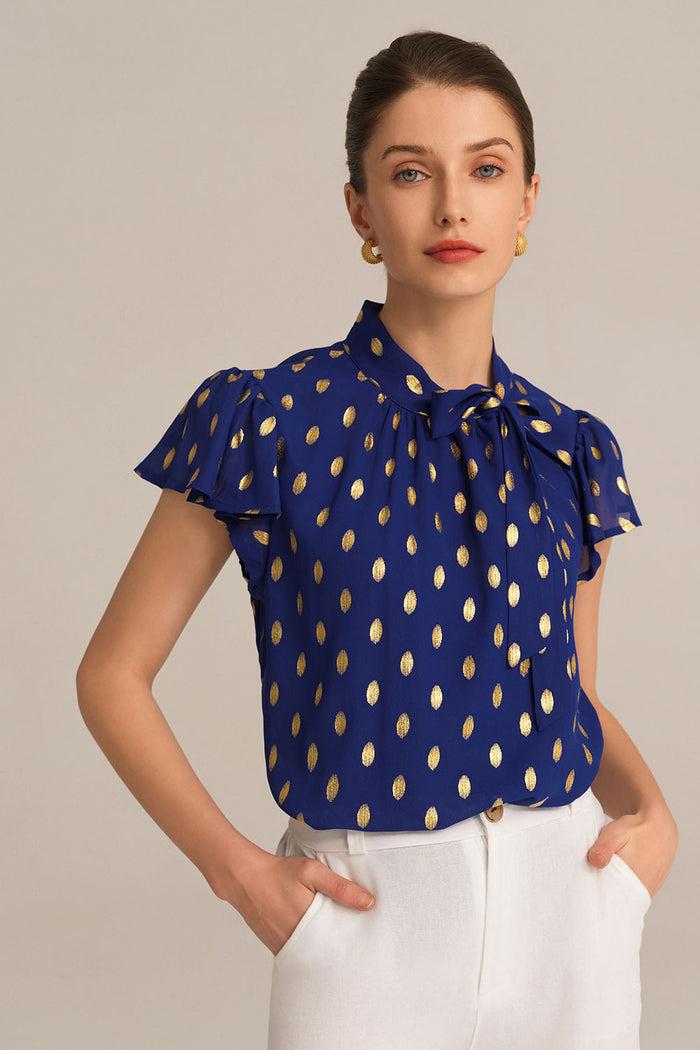 Grace Karin Casual Hot Stamping Short Sleeve Stand Collar Pullover Tops - Blue