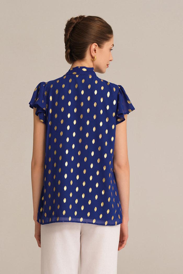 Grace Karin Casual Hot Stamping Short Sleeve Stand Collar Pullover Tops - Blue