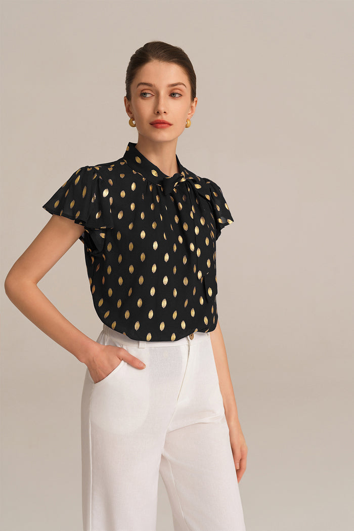 Grace Karin Casual Hot Stamping Short Sleeve Stand Collar Pullover Tops - Black