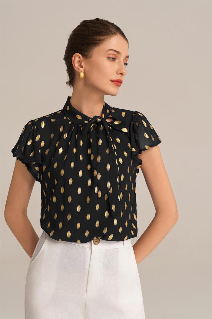 grace karin Casual Hot Stamping Short Sleeve Stand Collar Pullover Tops - Black