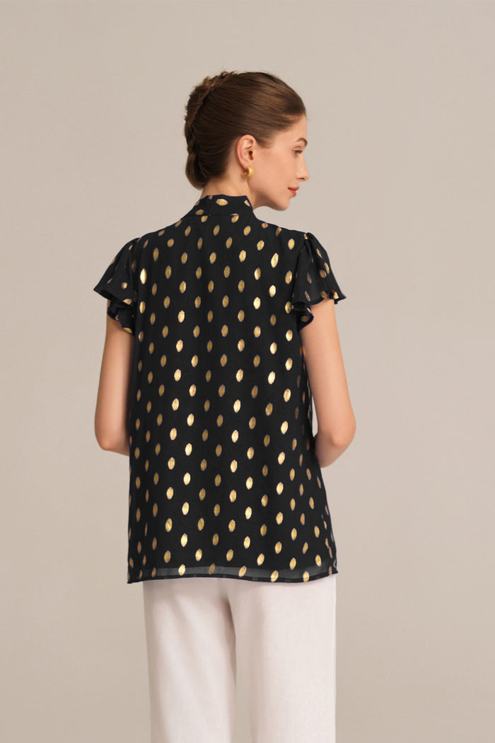 Grace Karin Casual Hot Stamping Short Sleeve Stand Collar Pullover Tops - Black