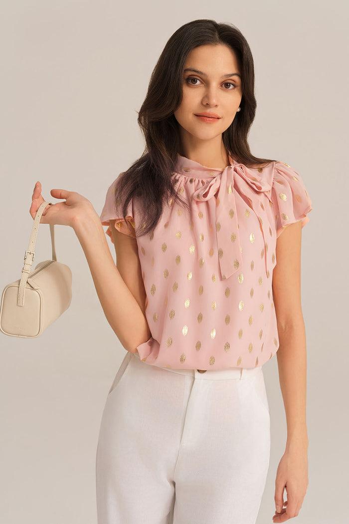 Grace Karin Casual Hot Stamping Short Sleeve Stand Collar Pullover Tops - Pink