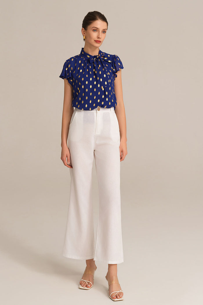 Grace Karin Casual Hot Stamping Short Sleeve Stand Collar Pullover Tops - Blue