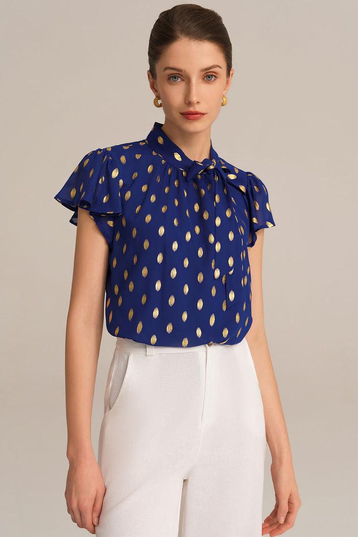 grace karin Casual Hot Stamping Short Sleeve Stand Collar Pullover Tops - Blue
