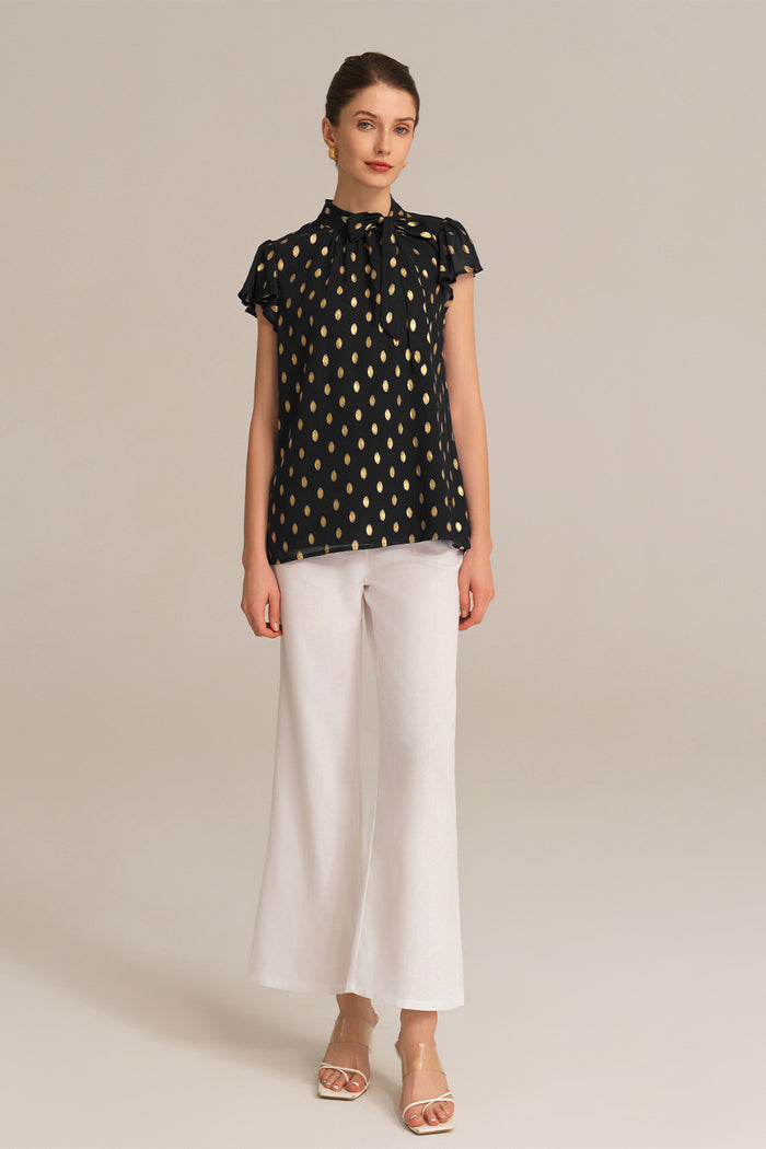 Grace Karin Casual Hot Stamping Short Sleeve Stand Collar Pullover Tops - Black