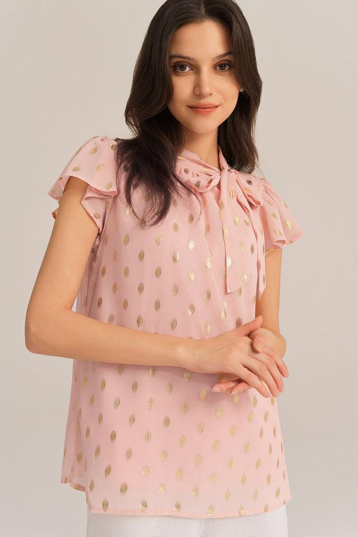 grace karin Casual Hot Stamping Short Sleeve Stand Collar Pullover Tops - Pink