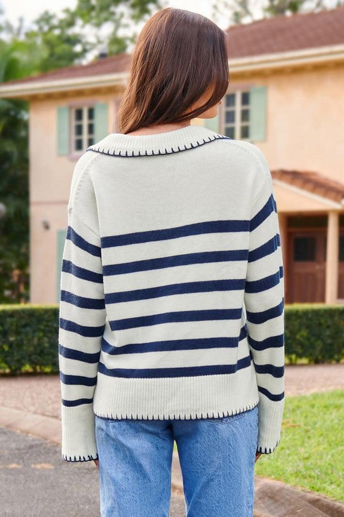 Grace Karin Casual Knitted Pullover V-Neck Striped Long Sleeve Sweater Tops