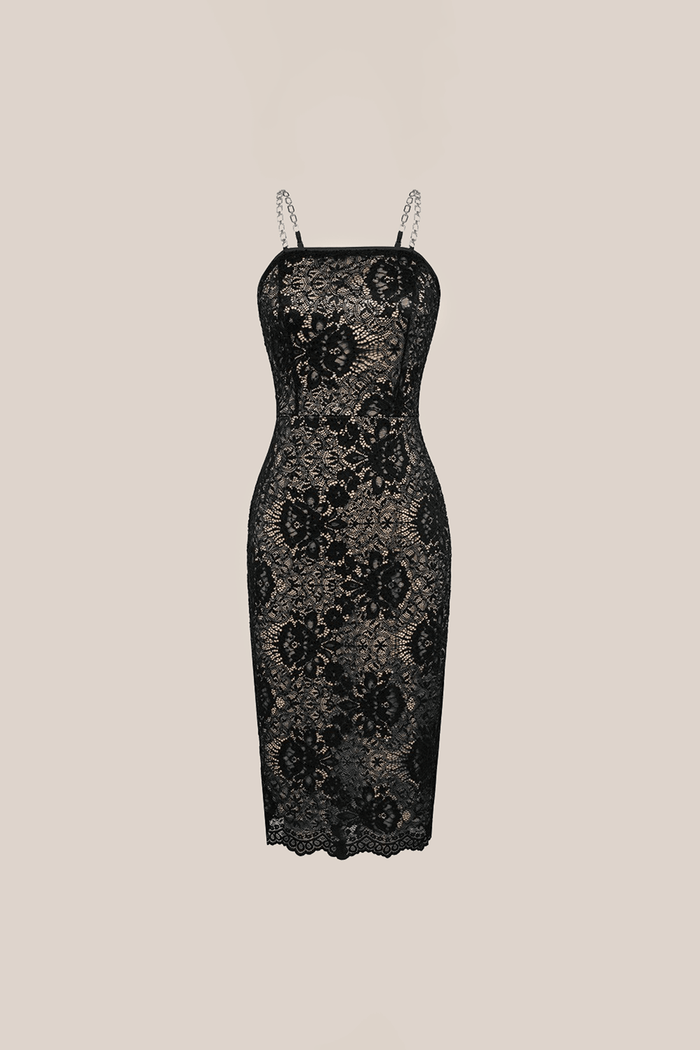 Grace Karin Casual Lace Spaghetti Straps Back Slit Bodycon Midi Dress - Black