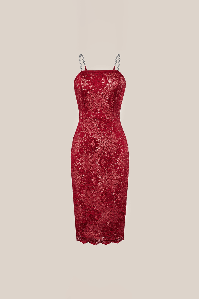 Grace Karin Casual Lace Spaghetti Straps Back Slit Bodycon Midi Dress - Red