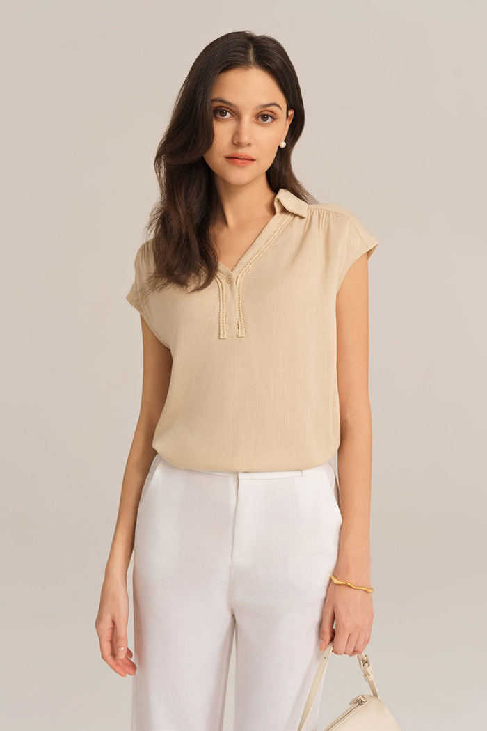 grace karin Casual Lapel Collar Loose Fit Pullover Tops - Apricot