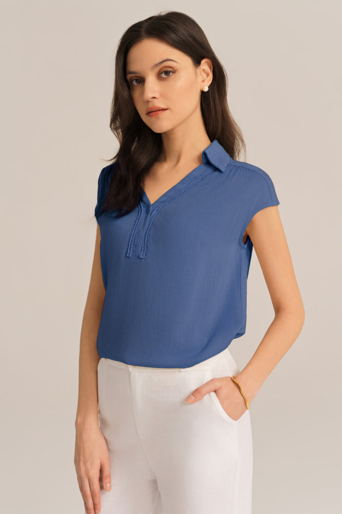 Grace Karin Casual Lapel Collar Loose Fit Pullover Tops - Blue