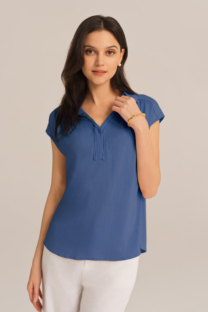 grace karin Casual Lapel Collar Loose Fit Pullover Tops - Blue