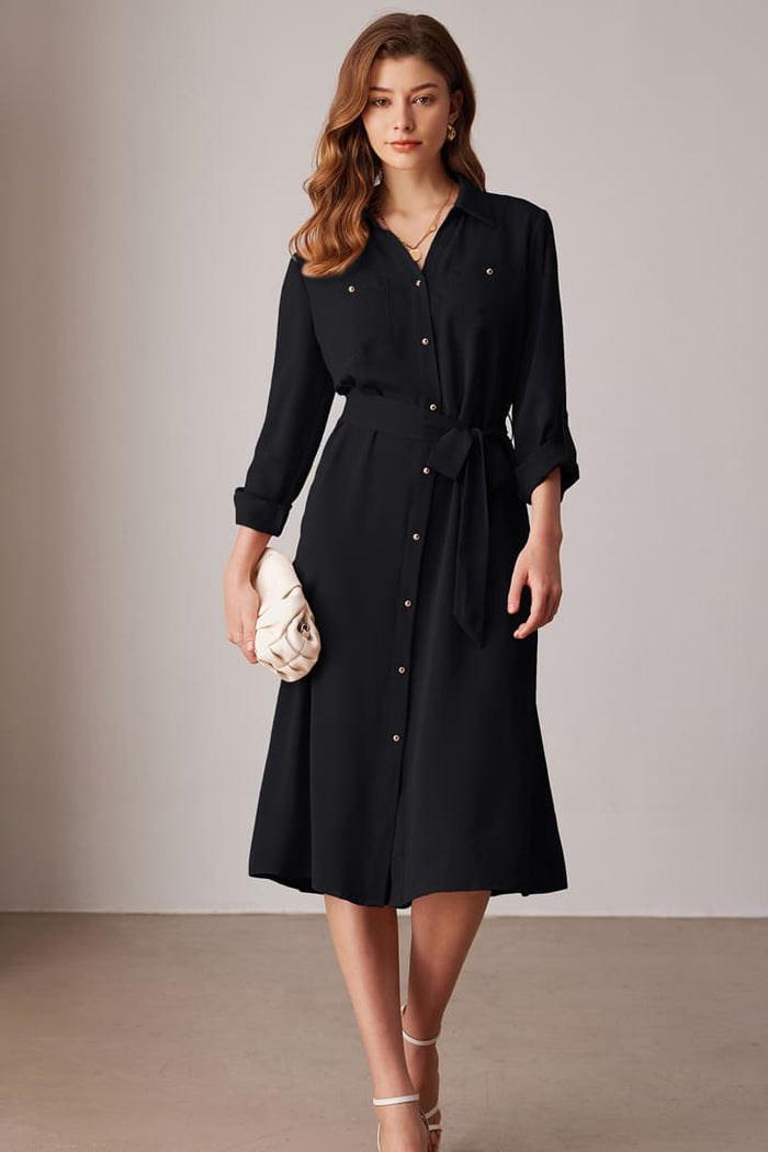 Grace Karin Casual Loose Tie Long Sleeve Button Down Shirt Midi Dresses