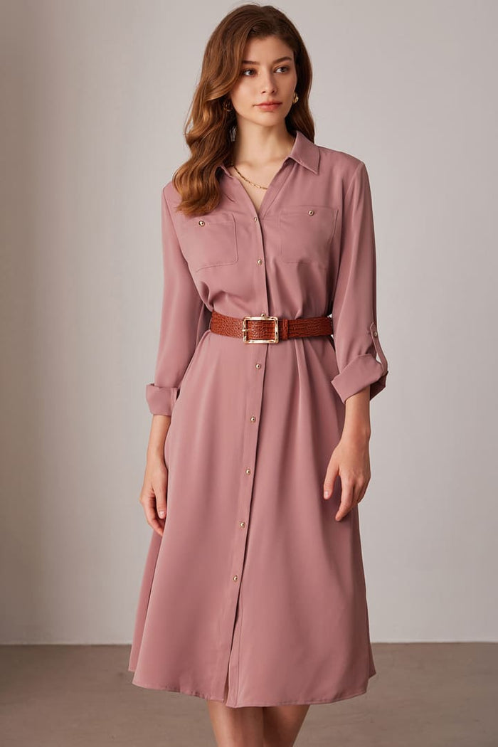 Grace Karin Casual Loose Tie Long Sleeve Button Down Shirt Midi Dresses