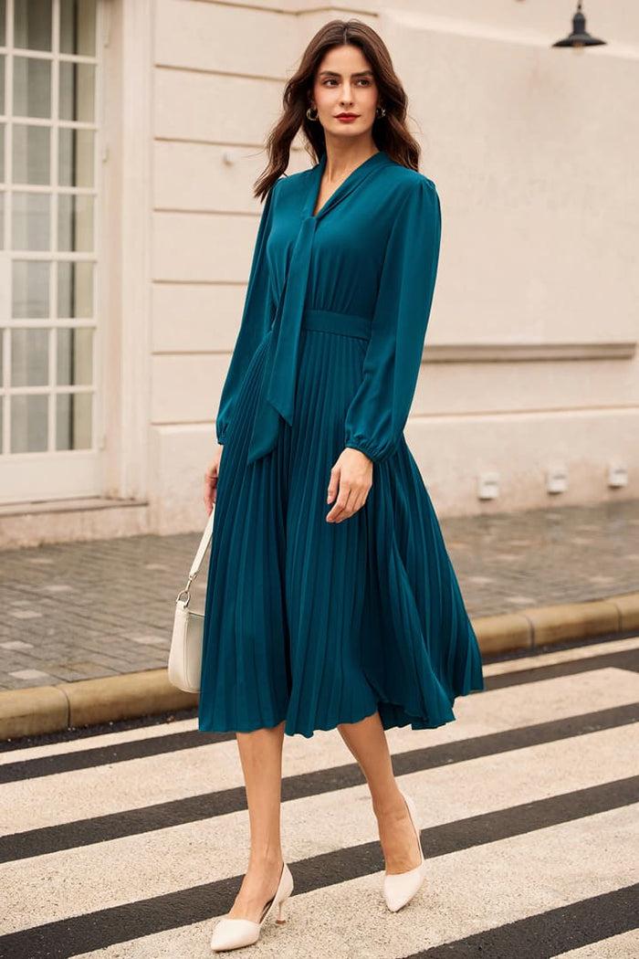 Grace Karin Casual Pleated Flowy Long Sleeve Midi Dresses