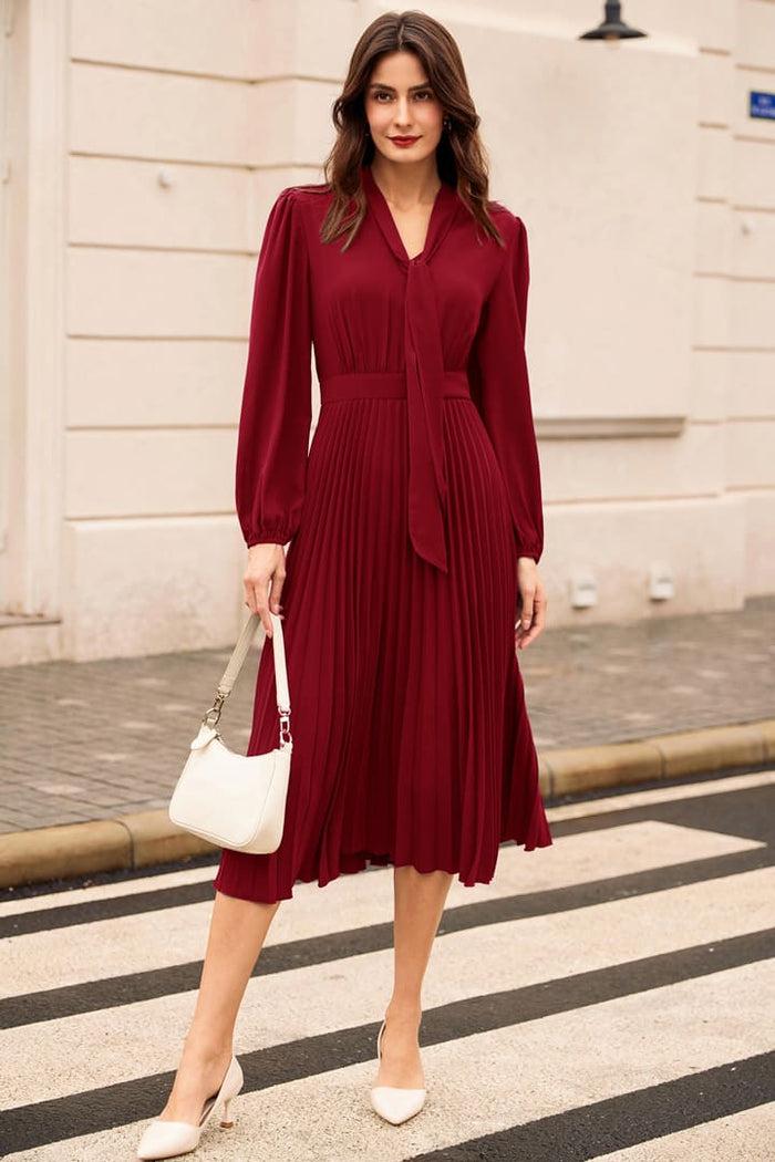 Grace Karin Casual Pleated Flowy Long Sleeve Midi Dresses