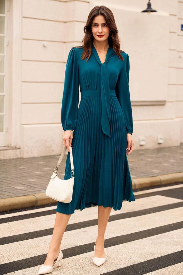 grace karin Casual Pleated Flowy Long Sleeve Midi Dresses