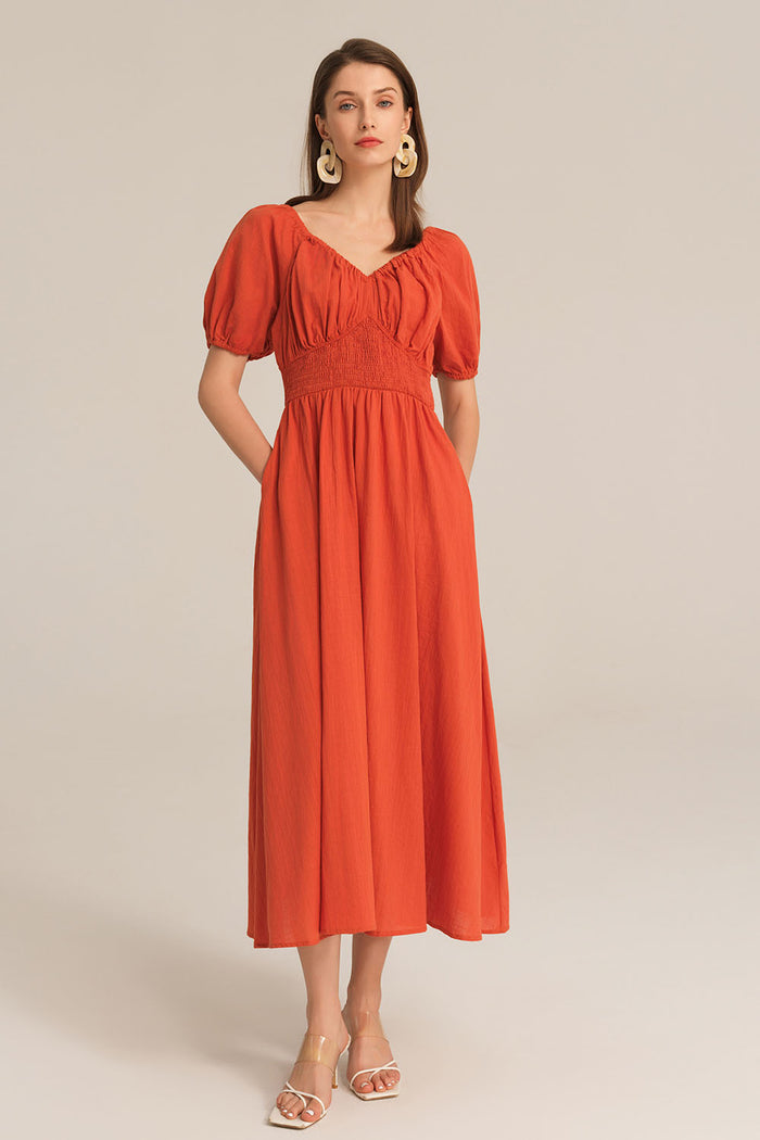 Grace Karin Casual Short Sleeve V-Neck Cotton Smocked Waist Dress - Brown