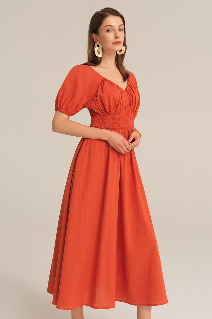 grace karin Casual Short Sleeve V-Neck Cotton Smocked Waist Dress - Brown