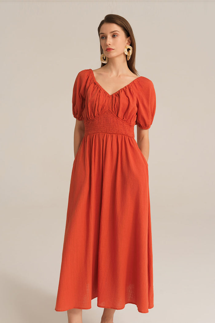 Grace Karin Casual Short Sleeve V-Neck Cotton Smocked Waist Dress - Brown