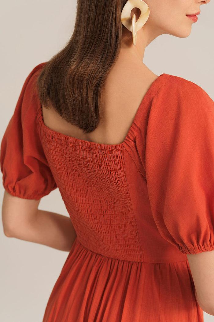 Grace Karin Casual Short Sleeve V-Neck Cotton Smocked Waist Dress - Brown