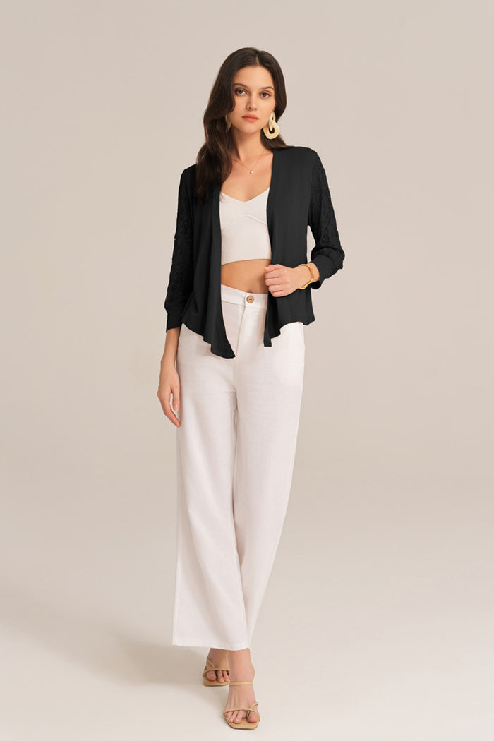 Grace Karin Casual V-neck 3/4 Lace Sleeve Knitted Top - Black