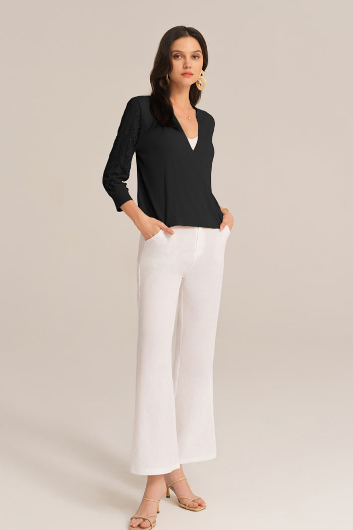 Grace Karin Casual V-neck 3/4 Lace Sleeve Knitted Top - Black