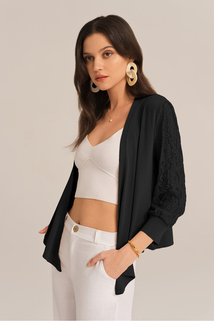 Grace Karin Casual V-neck 3/4 Lace Sleeve Knitted Top - Black