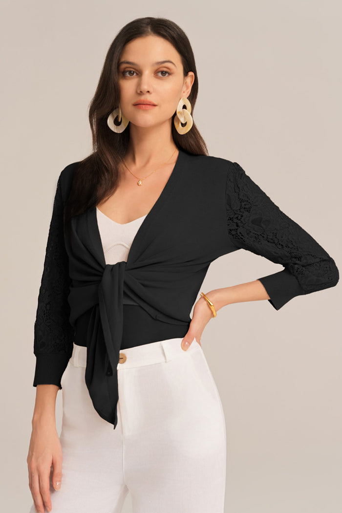 grace karin Casual V-neck 3/4 Lace Sleeve Knitted top - Black