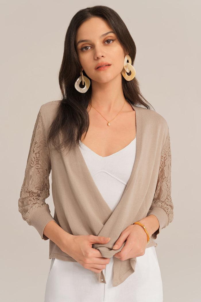 grace karin Casual V-neck 3/4 Lace Sleeve Knitted top - Brown