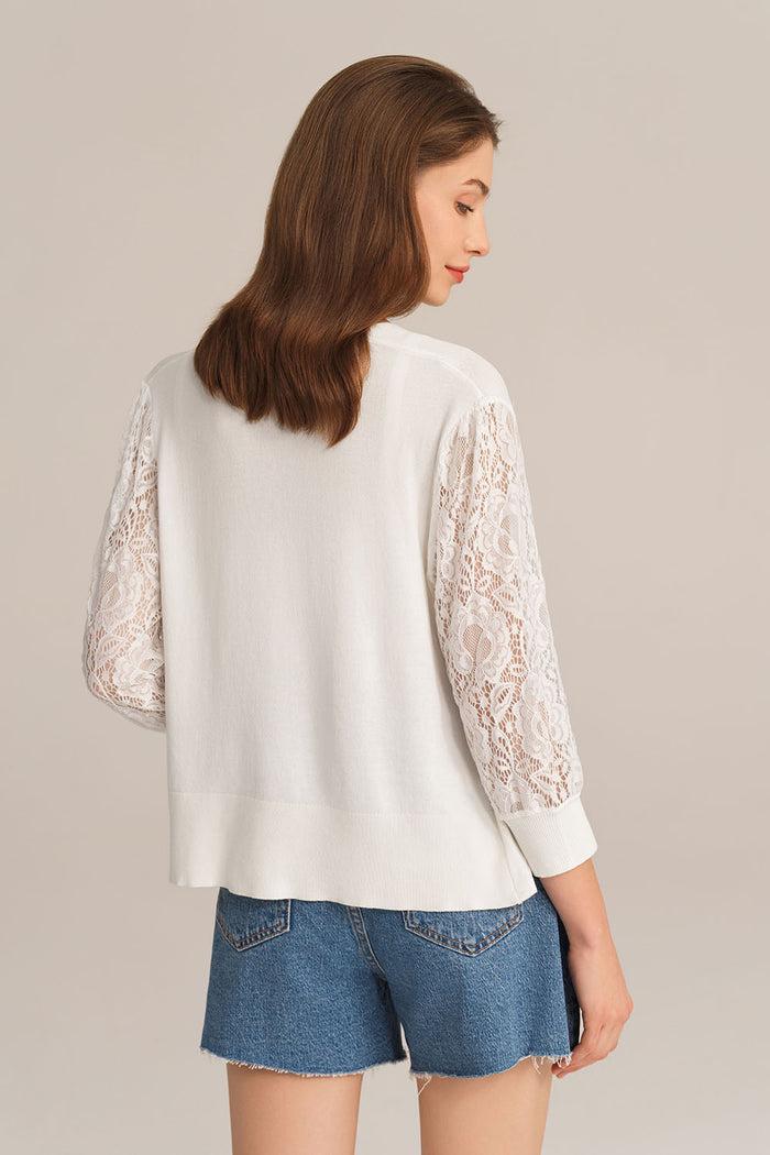 Grace Karin Casual V-neck 3/4 Lace Sleeve Knitted Top - White
