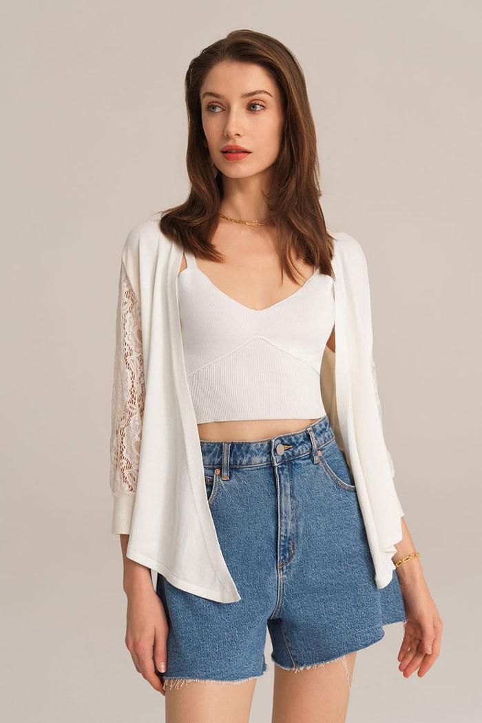 Grace Karin Casual V-neck 3/4 Lace Sleeve Knitted Top - White