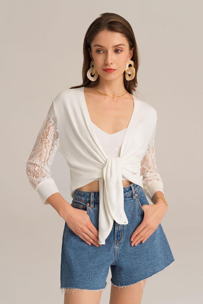 grace karin Casual V-neck 3/4 Lace Sleeve Knitted top - White