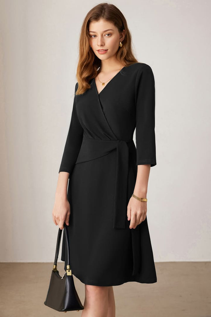 Grace Karin Casual V Neck Pleated 3/4 Sleeve Midi Dress