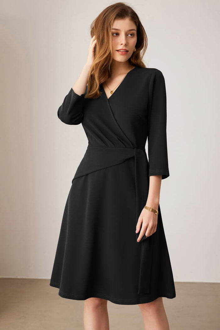grace karin Casual V Neck Pleated 3/4 Sleeve Midi Dress