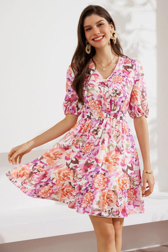 Grace Karin Casual V Neck Short Sleeve Tiered Flowy Dresses - Red