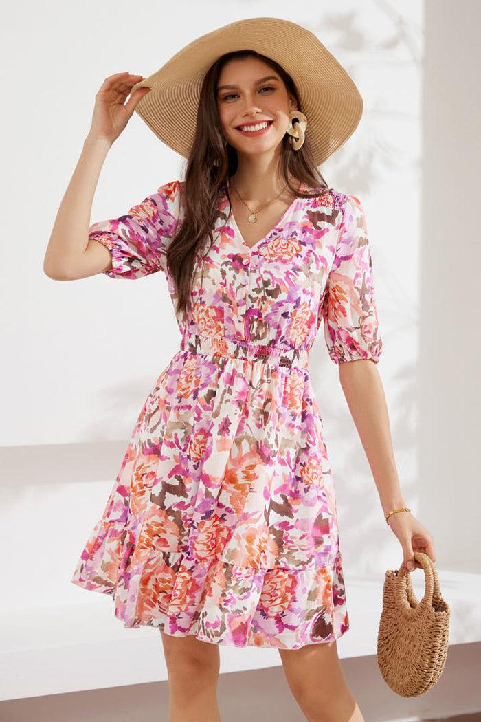 grace karin Casual V Neck Short Sleeve Tiered Flowy Dresses - Red