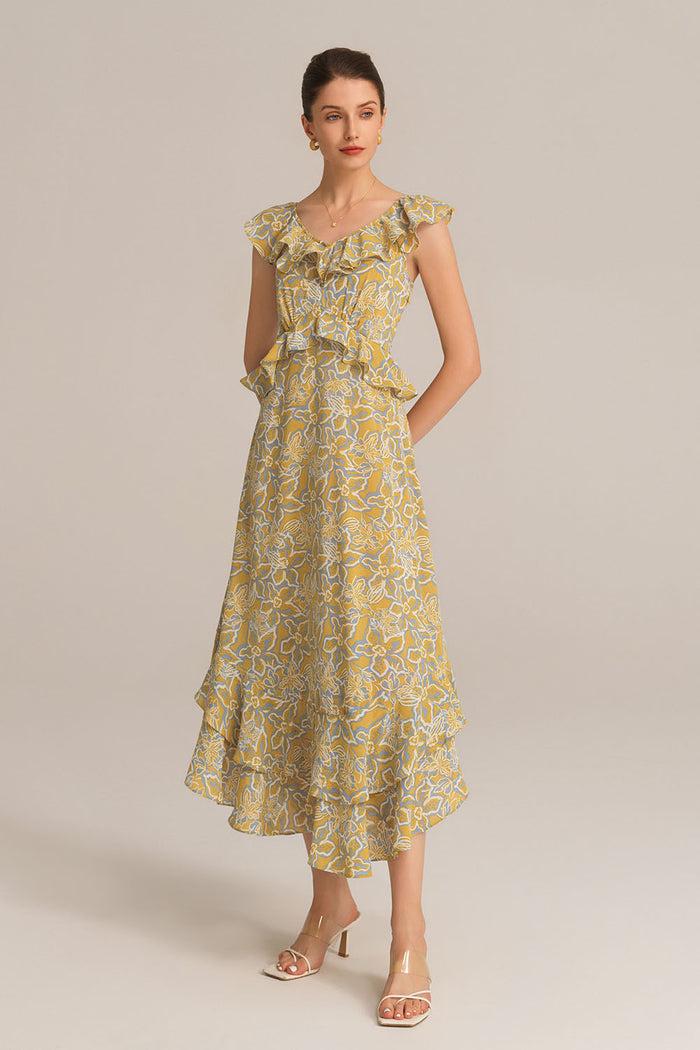Grace Karin Chiffon V-Neck Sleeveless Ruffle Decorated Floral Maxi Dress - Yellow