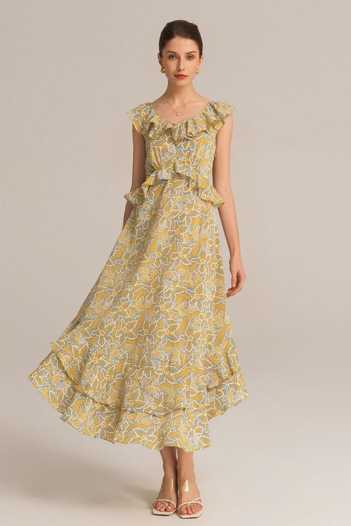 Grace Karin Chiffon V-Neck Sleeveless Ruffle Decorated Floral Maxi Dress - Yellow