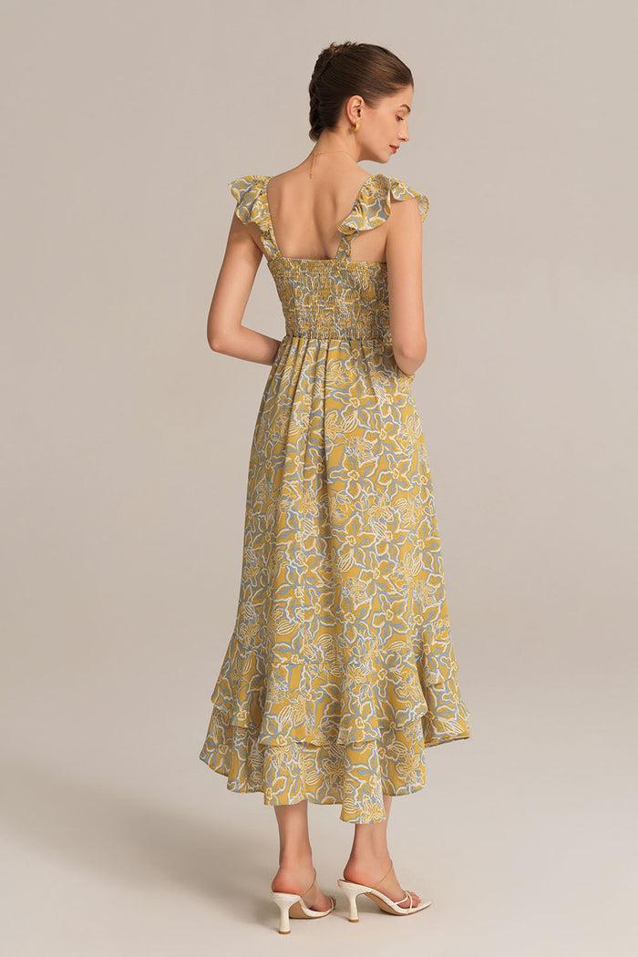 Grace Karin Chiffon V-Neck Sleeveless Ruffle Decorated Floral Maxi Dress - Yellow