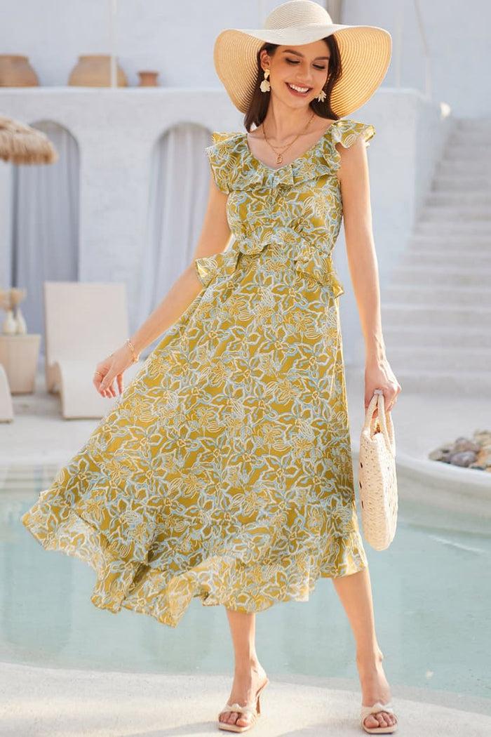 grace karin Chiffon V-Neck Sleeveless Ruffle Decorated Floral Maxi Dress - Yellow
