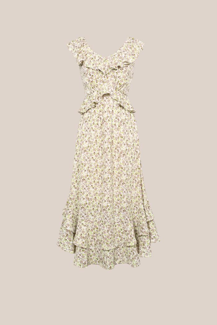 Grace Karin Chiffon V-Neck Sleeveless Ruffle Decorated Floral Maxi Dress - Floral