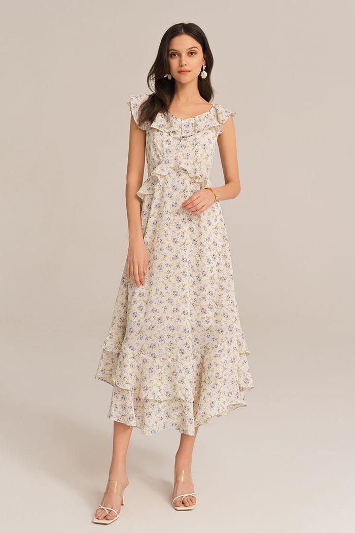 grace karin Chiffon V-Neck Sleeveless Ruffle Decorated Floral Maxi Dress - White