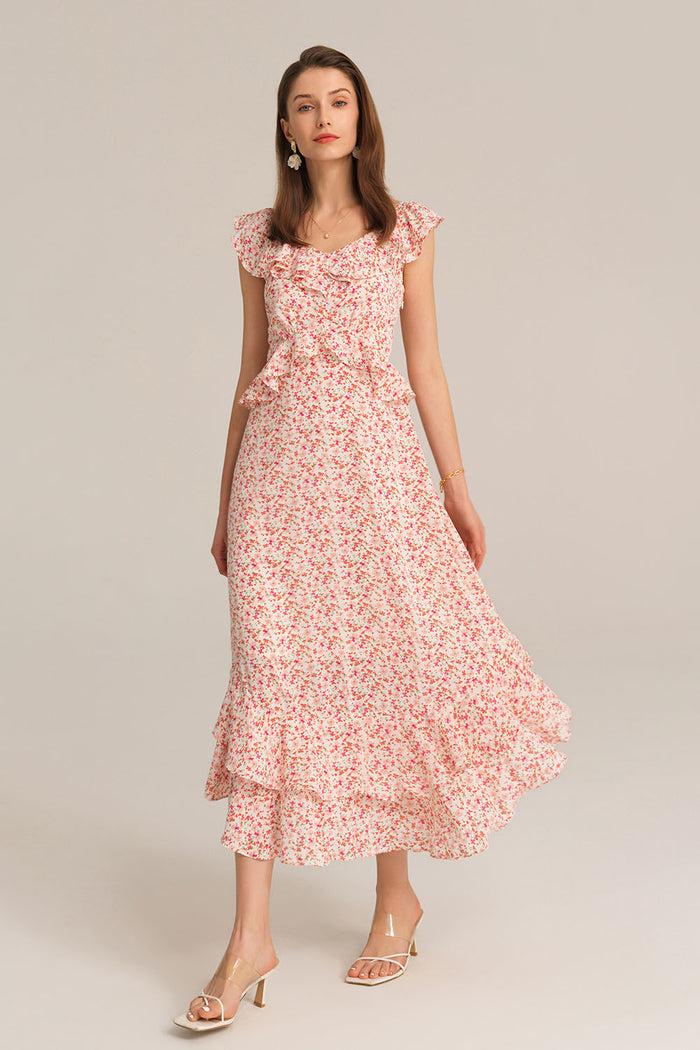Grace Karin Chiffon V-Neck Sleeveless Ruffle Decorated Floral Maxi Dress - Pink