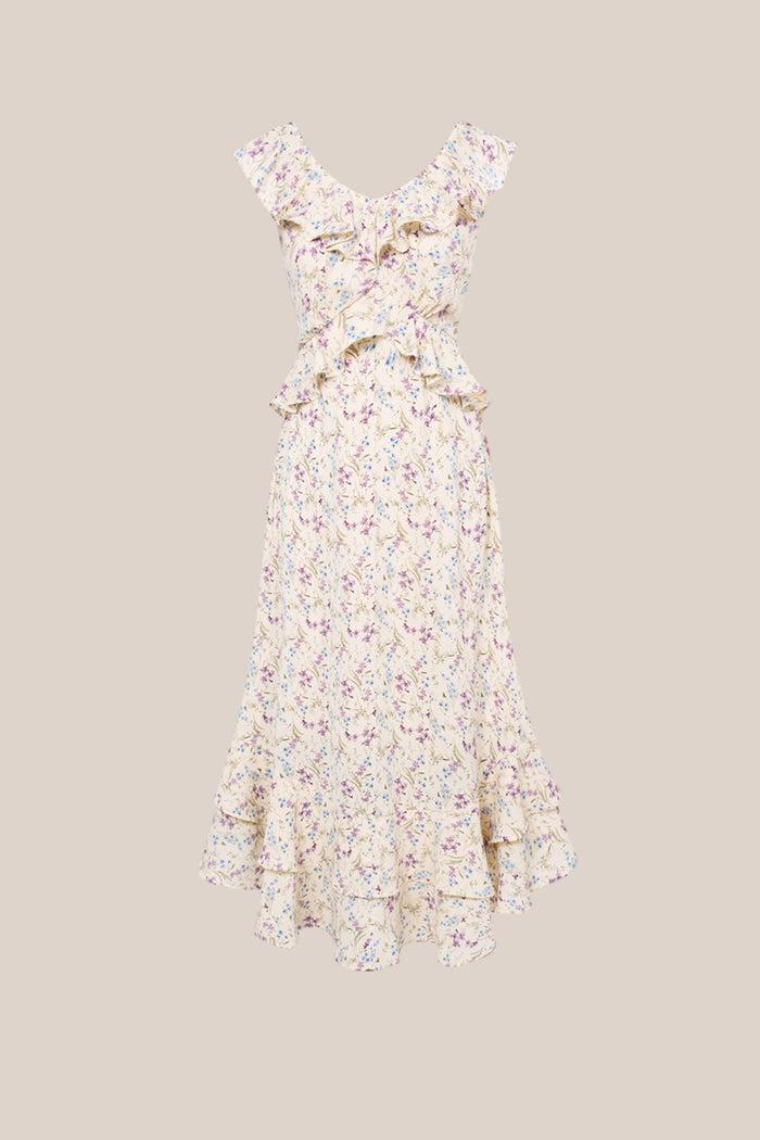 Grace Karin Chiffon V-Neck Sleeveless Ruffle Decorated Floral Maxi Dress - Apricot