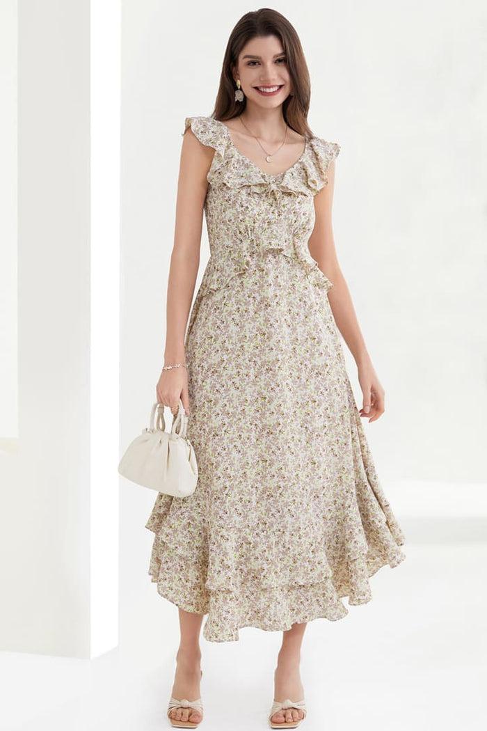 grace karin Chiffon V-Neck Sleeveless Ruffle Decorated Floral Maxi Dress - Floral