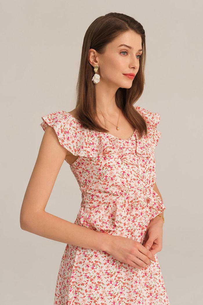 Grace Karin Chiffon V-Neck Sleeveless Ruffle Decorated Floral Maxi Dress - Pink