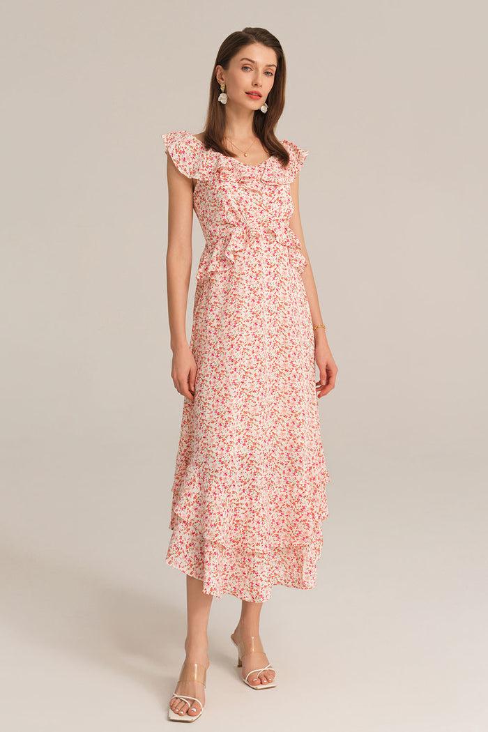 grace karin Chiffon V-Neck Sleeveless Ruffle Decorated Floral Maxi Dress - Pink